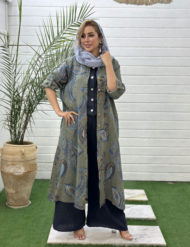 پیراهن مانتویی لینن ایتالیایی دورا مزون
