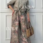 شلوار گل رز لینن کمر دو دکمه