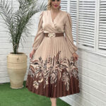 پیراهن ساتن پلیسه حاشیه دار کرم قهوه ای